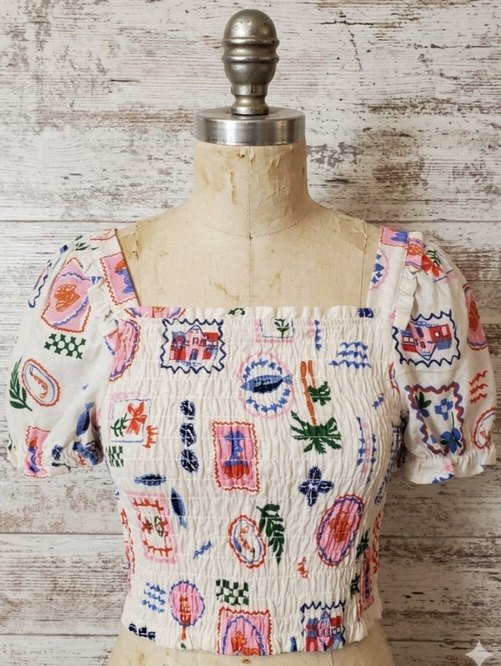 Monteau Los Angeles linen-blend smocked puff sleeve top Vacation Ready NWOT - Picture 1 of 10